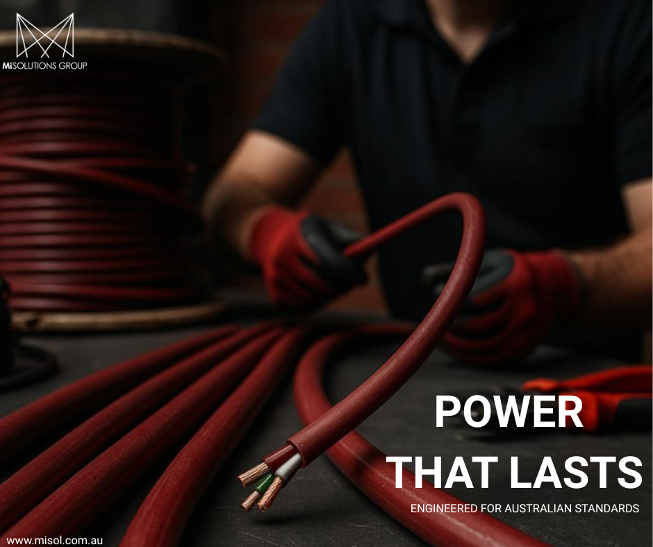 A commercial electrician wearing red gloves works with thick, red electrical cable, with the MiSolutions Group logo and text 'POWER THAT LASTS' overlaid
