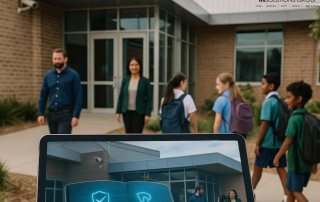 In the background is a modern school entrance with students and staff walking safely under a visible CCTV camera, illustrating key elements of how to secure a school.