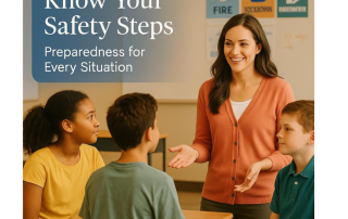 A smiling teacher stands in a classroom engaging with three attentive students seated at desks. Behind her are safety posters labeled “FIRE,” “LOCKDOWN,” and “EVACUATION.” The text overlay reads, “Know Your Safety Steps – Preparedness for Every Situation.” The MiSolutions Group logo is in the bottom right corner
