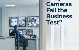 Professional office security setting with a commercial CCTV dome camera in the foreground and a security personnel monitoring multiple surveillance screens inside a glass-walled control room. On the right side, bold text reads: “Why DIY Cameras Fail the Business Test.