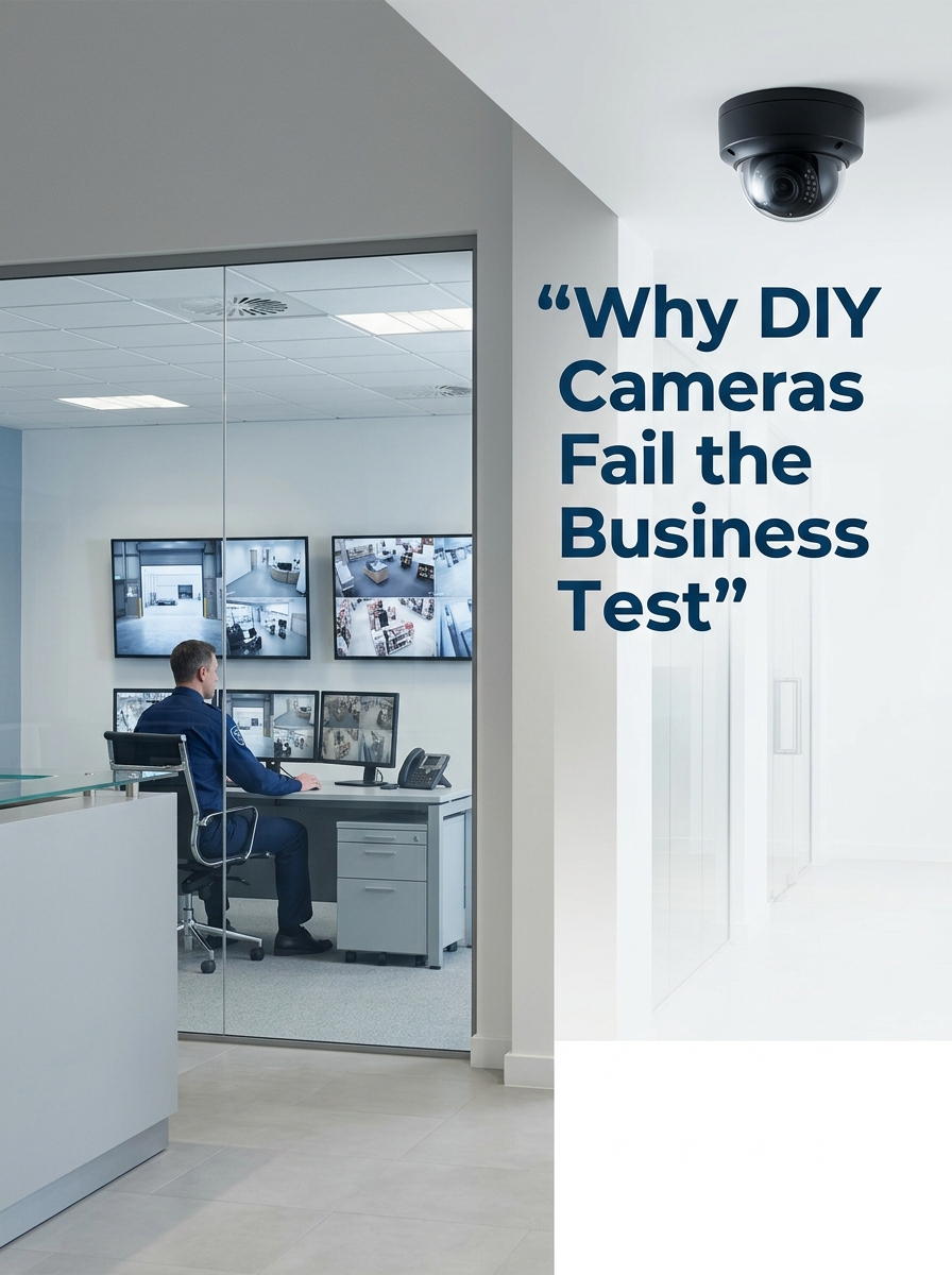 Professional office security setting with a commercial CCTV dome camera in the foreground and a security personnel monitoring multiple surveillance screens inside a glass-walled control room. On the right side, bold text reads: “Why DIY Cameras Fail the Business Test.