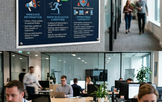 Top Image: A professional poster mounted in an office hallway titled "Why Real-Time Emergency Alerts are Important in Workplaces." It features three sections: Immediate Information (megaphone icon), Rapid Evacuation & Response (running man icon), and Operational Continuity (shield icon), each with bulleted safety benefits. Bottom Image: A wide shot of a modern, open-plan office. Employees are working at wooden desks equipped with computers and small potted plants, set against a backdrop of glass-walled meeting rooms and bright, natural lighting.