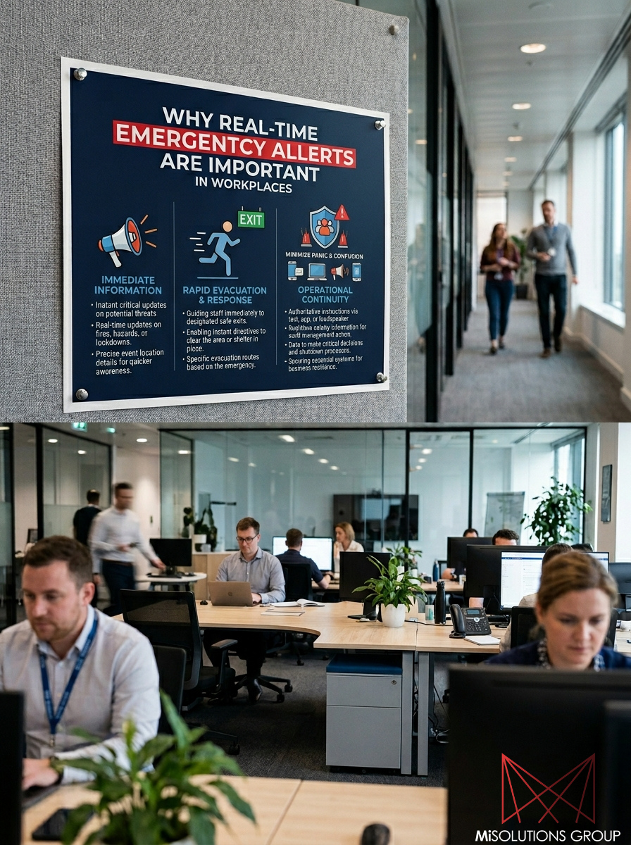 Top Image: A professional poster mounted in an office hallway titled "Why Real-Time Emergency Alerts are Important in Workplaces." It features three sections: Immediate Information (megaphone icon), Rapid Evacuation & Response (running man icon), and Operational Continuity (shield icon), each with bulleted safety benefits. Bottom Image: A wide shot of a modern, open-plan office. Employees are working at wooden desks equipped with computers and small potted plants, set against a backdrop of glass-walled meeting rooms and bright, natural lighting.