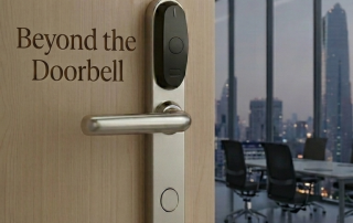 Modern office door with a smart lock handle system, slightly open to reveal a conference room with city skyline view in the background.