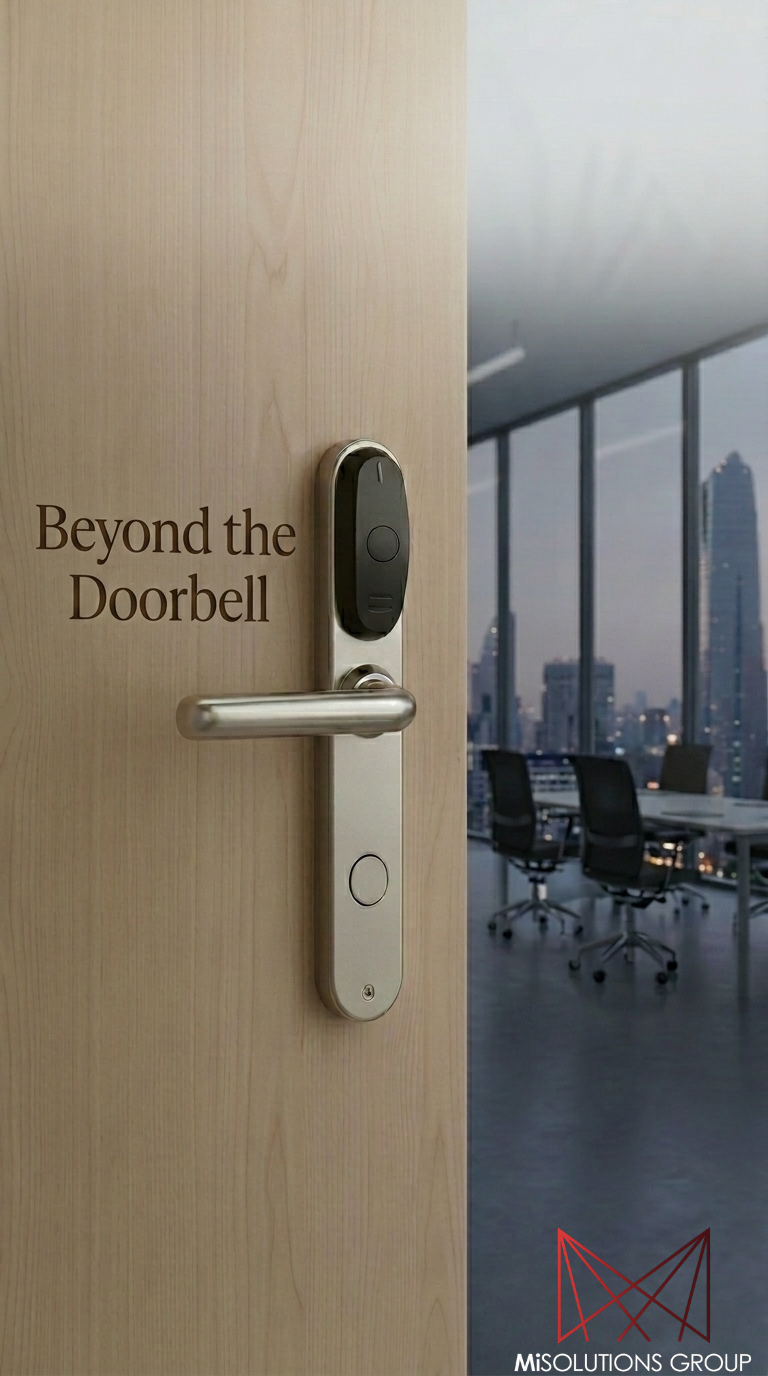 Modern office door with a smart lock handle system, slightly open to reveal a conference room with city skyline view in the background.